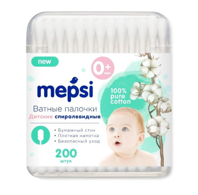 Mepsi детские ватные палочки спиралевидная намотка 200 шт 