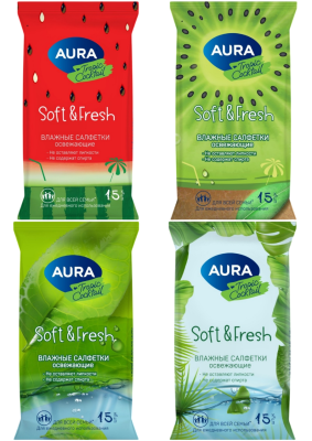 Aura tropic cocktail освежающие влажные салфетки 15 шт в ассортименте 