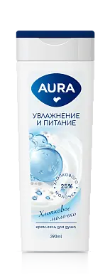 Aura крем гель для душа хлопковое молочко флакон флиптоп 390 мл