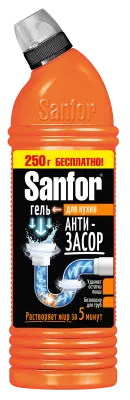 Sanfor для труб средство для очистки канализац труб на кухне антизасор 5 минут 1 л 750 мл+250 мл бесплатно 