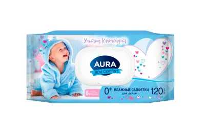 Aura ultra comfort влажные салфетки для детей с алоэ и витамином е 120 шт с крышкой 