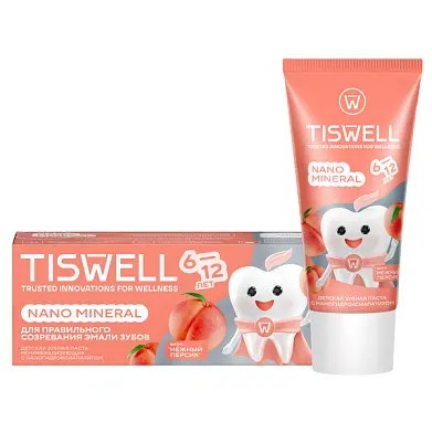 Tiswell зубная паста детская реминерализующая от кариеса с наногидроксиапатитом и фтором нежный персик от 6 12 лет 60 гр