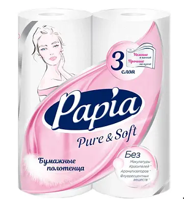 Papia бумажные полотенца белые трёхслойные PURE&SOFT 2 шт