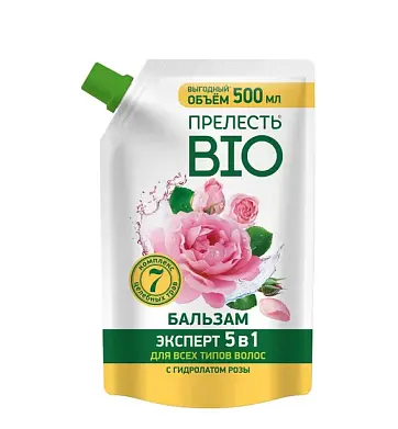 Прелесть био бальзам с гидролатом розы 5 в1 для поврежденных и секущихся волос 500 мл дой пак
