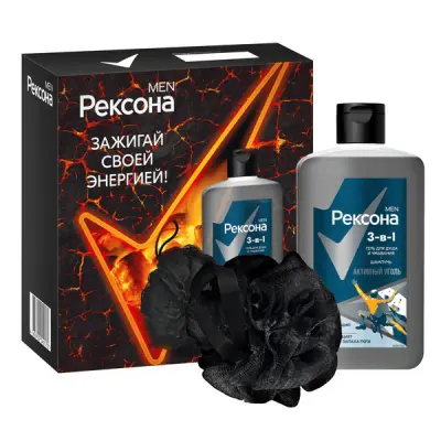 ПН Рексона Men активный уголь гель для душа умывания и шампунь 3 в1 мочалка 