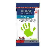 Aura влажные антибактериальные салфетки ромашка 15 шт