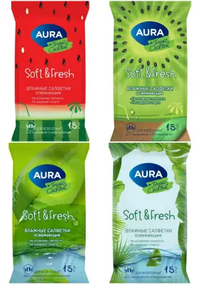 Aura освежающие влажные салфетки 15 шт в ассортименте 