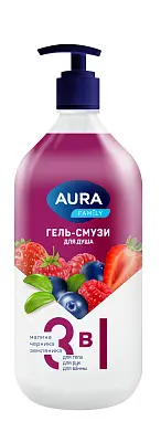 Aura гель смузи для душа 3 в1 малина черника земляника new флакон дозатор 1000 мл