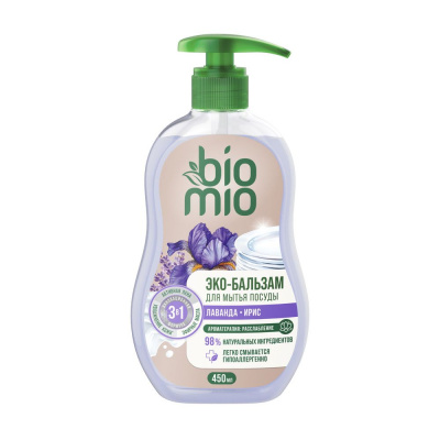 BioMio бальзам для мытья взрослой и детской посуды с экстрактом хлопка и ионами серебра лаванда и ирис  450 мл 