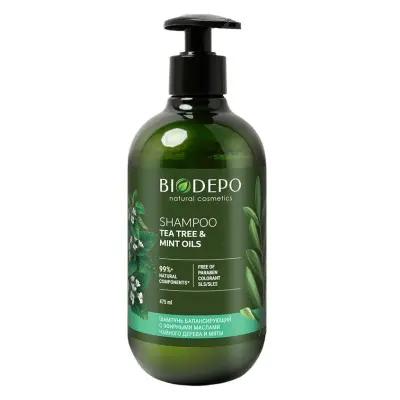 Biodepo шампунь бессульфатный натуральный себорегулирующий с маслами чайного дерева и мяты 475 мл 
